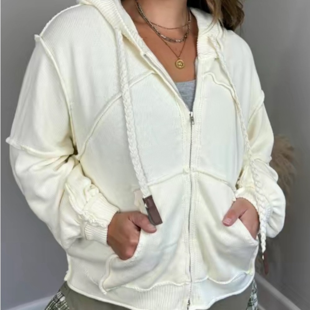 POL | Ivory Zip Up Hoodie with Balloon Sleeves | Size Large